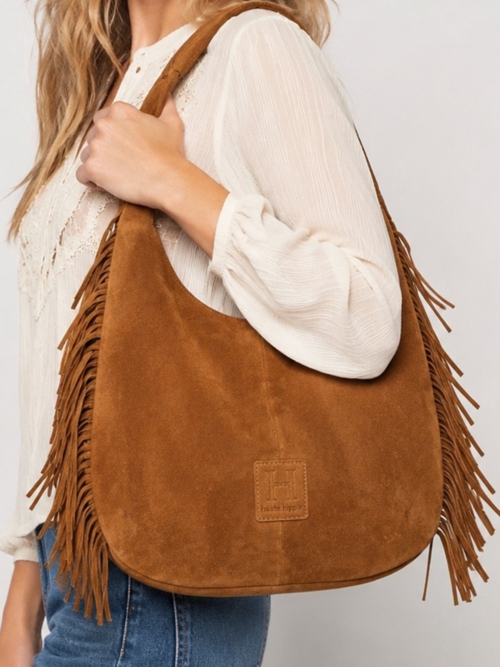 Haute Hippie Brown Suede Fringe Hobo Bag 100% Genuine Leather Western Bohemian
